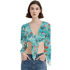 Snowy Winter Foliage, Adoxali, Christmas, Berry, Blue Trumpet Sleeve Cropped Top