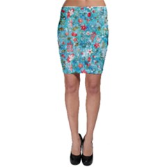 Snowy Winter Foliage, Adoxali, Christmas, Berry, Blue Bodycon Skirt