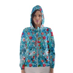 Snowy Winter Foliage, Adoxali, Christmas, Berry, Blue Women s Hooded Windbreaker