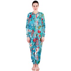 Snowy Winter Foliage, Adoxali, Christmas, Berry, Blue Onepiece Jumpsuit (ladies)