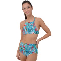 Snowy Winter Foliage, Adoxali, Christmas, Berry, Blue Halter Tankini Set