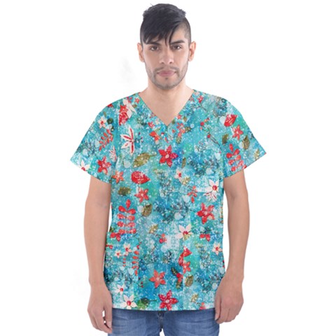 Snowy Winter Foliage, Adoxali, Christmas, Berry, Blue Men s V-neck Scrub Top by kyorashop23