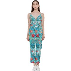 Snowy Winter Foliage, Adoxali, Christmas, Berry, Blue V-neck Camisole Jumpsuit