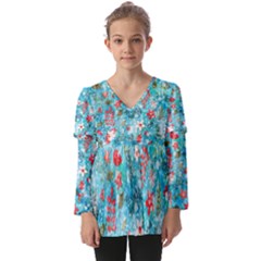 Snowy Winter Foliage, Adoxali, Christmas, Berry, Blue Kids  V Neck Casual Top