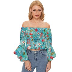 Snowy Winter Foliage, Adoxali, Christmas, Berry, Blue Off Shoulder Flutter Bell Sleeve Top