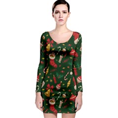 Texture, Pattern, Red, Craciun, Christmas, Hat, Santa, Green Long Sleeve Bodycon Dress