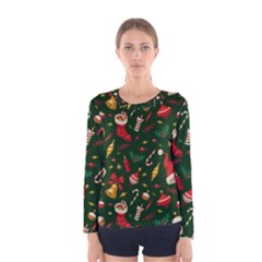 Texture, Pattern, Red, Craciun, Christmas, Hat, Santa, Green Women s Long Sleeve T-shirt