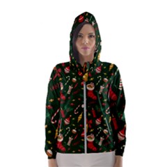 Texture, Pattern, Red, Craciun, Christmas, Hat, Santa, Green Women s Hooded Windbreaker