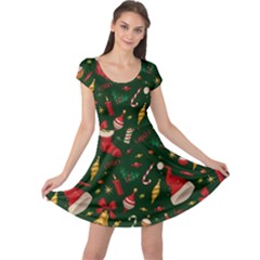 Texture, Pattern, Red, Craciun, Christmas, Hat, Santa, Green Cap Sleeve Dress