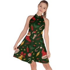 Texture, Pattern, Red, Craciun, Christmas, Hat, Santa, Green Sleeveless Halter Neck A-line Dress by kyorashop23