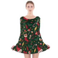 Texture, Pattern, Red, Craciun, Christmas, Hat, Santa, Green Long Sleeve Velvet Skater Dress