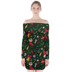 Texture, Pattern, Red, Craciun, Christmas, Hat, Santa, Green Long Sleeve Off Shoulder Dress