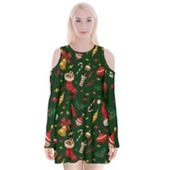 Texture, Pattern, Red, Craciun, Christmas, Hat, Santa, Green Velvet Long Sleeve Shoulder Cutout Dress