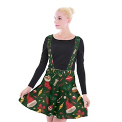 Texture, Pattern, Red, Craciun, Christmas, Hat, Santa, Green Suspender Skater Skirt