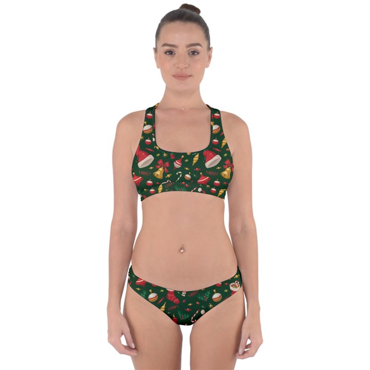 Texture, Pattern, Red, Craciun, Christmas, Hat, Santa, Green Cross Back Hipster Bikini Set