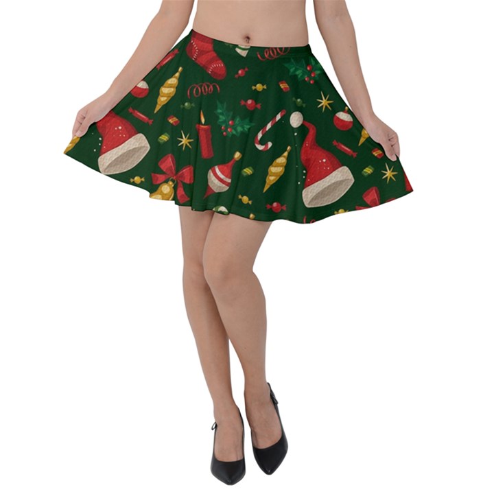 Texture, Pattern, Red, Craciun, Christmas, Hat, Santa, Green Velvet Skater Skirt