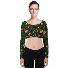 Texture, Pattern, Red, Craciun, Christmas, Hat, Santa, Green Velvet Long Sleeve Crop Top