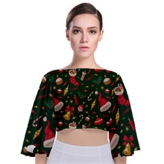 Texture, Pattern, Red, Craciun, Christmas, Hat, Santa, Green Tie Back Butterfly Sleeve Chiffon Top