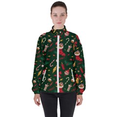 Texture, Pattern, Red, Craciun, Christmas, Hat, Santa, Green Women s High Neck Windbreaker