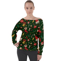 Texture, Pattern, Red, Craciun, Christmas, Hat, Santa, Green Off Shoulder Long Sleeve Velour Top