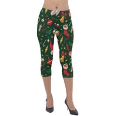 Texture, Pattern, Red, Craciun, Christmas, Hat, Santa, Green Lightweight Velour Capri Leggings 