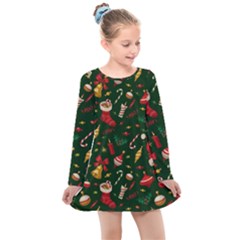 Texture, Pattern, Red, Craciun, Christmas, Hat, Santa, Green Kids  Long Sleeve Dress