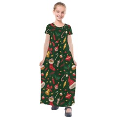 Texture, Pattern, Red, Craciun, Christmas, Hat, Santa, Green Kids  Short Sleeve Maxi Dress