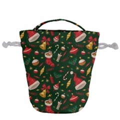 Texture, Pattern, Red, Craciun, Christmas, Hat, Santa, Green Drawstring Bucket Bag