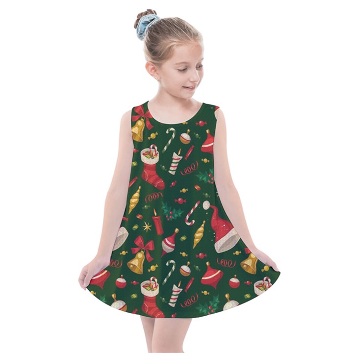 Texture, Pattern, Red, Craciun, Christmas, Hat, Santa, Green Kids  Summer Dress