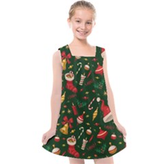 Texture, Pattern, Red, Craciun, Christmas, Hat, Santa, Green Kids  Cross Back Dress