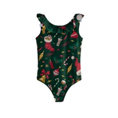 Texture, Pattern, Red, Craciun, Christmas, Hat, Santa, Green Kids  Frill Swimsuit