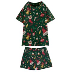 Texture, Pattern, Red, Craciun, Christmas, Hat, Santa, Green Kids  Swim T-shirt And Shorts Set