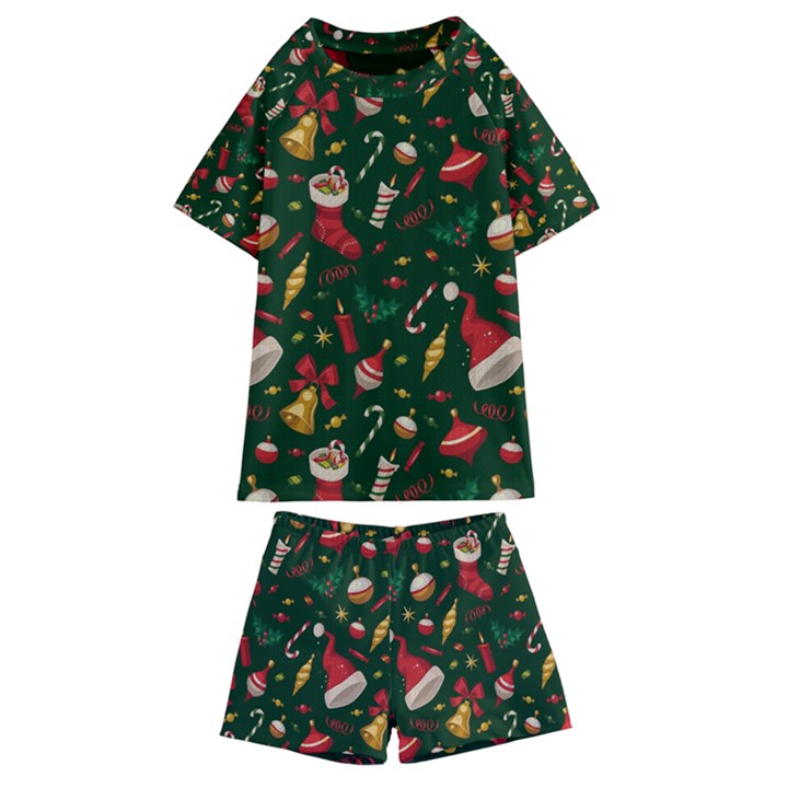 Texture, Pattern, Red, Craciun, Christmas, Hat, Santa, Green Kids  Swim T-Shirt and Shorts Set