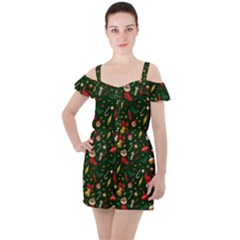 Texture, Pattern, Red, Craciun, Christmas, Hat, Santa, Green Ruffle Cut Out Chiffon Playsuit