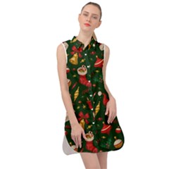 Texture, Pattern, Red, Craciun, Christmas, Hat, Santa, Green Sleeveless Shirt Dress