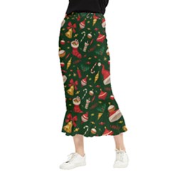 Texture, Pattern, Red, Craciun, Christmas, Hat, Santa, Green Maxi Fishtail Chiffon Skirt