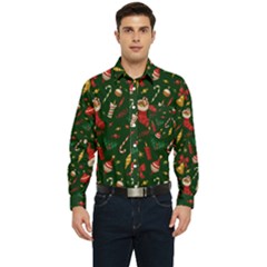 Texture, Pattern, Red, Craciun, Christmas, Hat, Santa, Green Men s Long Sleeve Pocket Shirt 