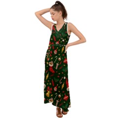 Texture, Pattern, Red, Craciun, Christmas, Hat, Santa, Green V-neck Chiffon Maxi Dress