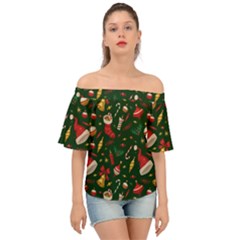 Texture, Pattern, Red, Craciun, Christmas, Hat, Santa, Green Off Shoulder Short Sleeve Top