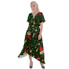 Texture, Pattern, Red, Craciun, Christmas, Hat, Santa, Green Cross Front Sharkbite Hem Maxi Dress