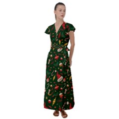 Texture, Pattern, Red, Craciun, Christmas, Hat, Santa, Green Flutter Sleeve Maxi Dress