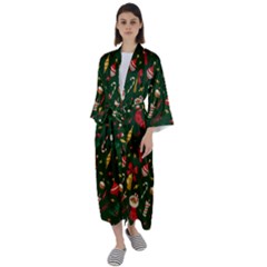 Texture, Pattern, Red, Craciun, Christmas, Hat, Santa, Green Maxi Satin Kimono