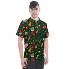 Texture, Pattern, Red, Craciun, Christmas, Hat, Santa, Green Men s Polo T-shirt