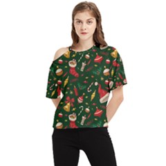 Texture, Pattern, Red, Craciun, Christmas, Hat, Santa, Green One Shoulder Cut Out T-shirt