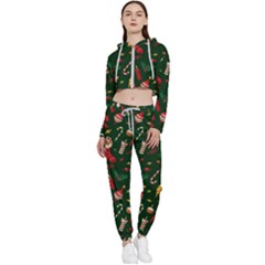 Texture, Pattern, Red, Craciun, Christmas, Hat, Santa, Green Cropped Zip Up Lounge Set