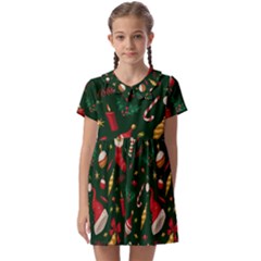 Texture, Pattern, Red, Craciun, Christmas, Hat, Santa, Green Kids  Asymmetric Collar Dress