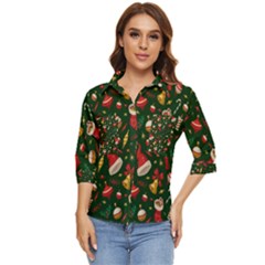 Texture, Pattern, Red, Craciun, Christmas, Hat, Santa, Green Women s Quarter Sleeve Pocket Shirt