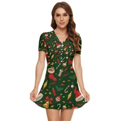 Texture, Pattern, Red, Craciun, Christmas, Hat, Santa, Green V-neck High Waist Chiffon Mini Dress