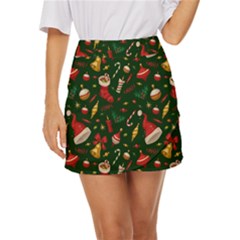 Texture, Pattern, Red, Craciun, Christmas, Hat, Santa, Green Mini Front Wrap Skirt