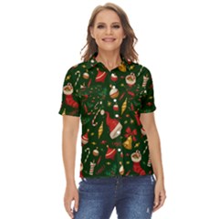 Texture, Pattern, Red, Craciun, Christmas, Hat, Santa, Green Women s Short Sleeve Double Pocket Shirt